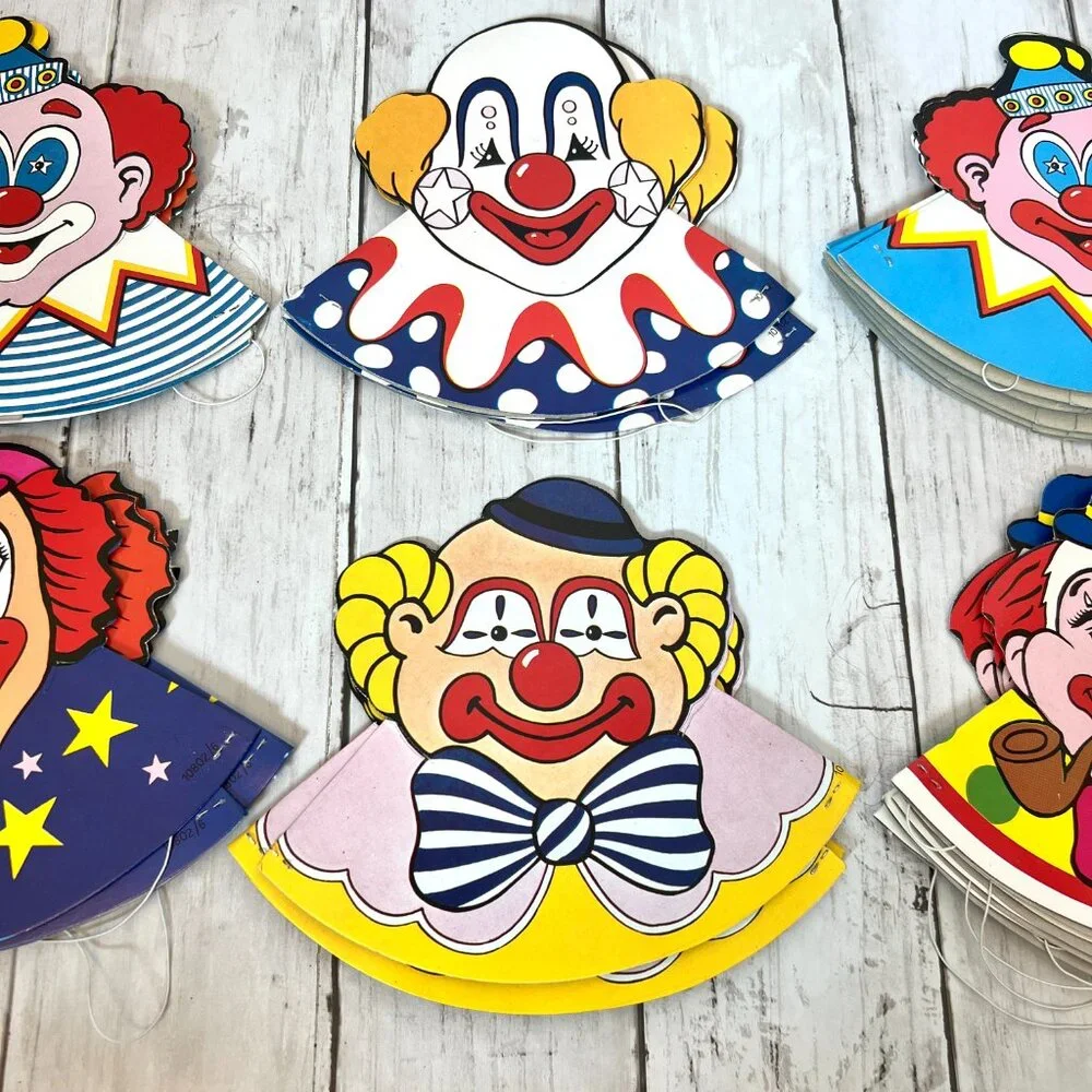 Vintage Clown Paper Birthday Party Hats 6 Types and 22 Total